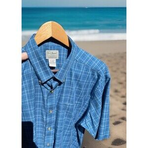 LL Bean Blue Check Button Down SS Shirt #269339 Mens XL - Reg Traditional Fit